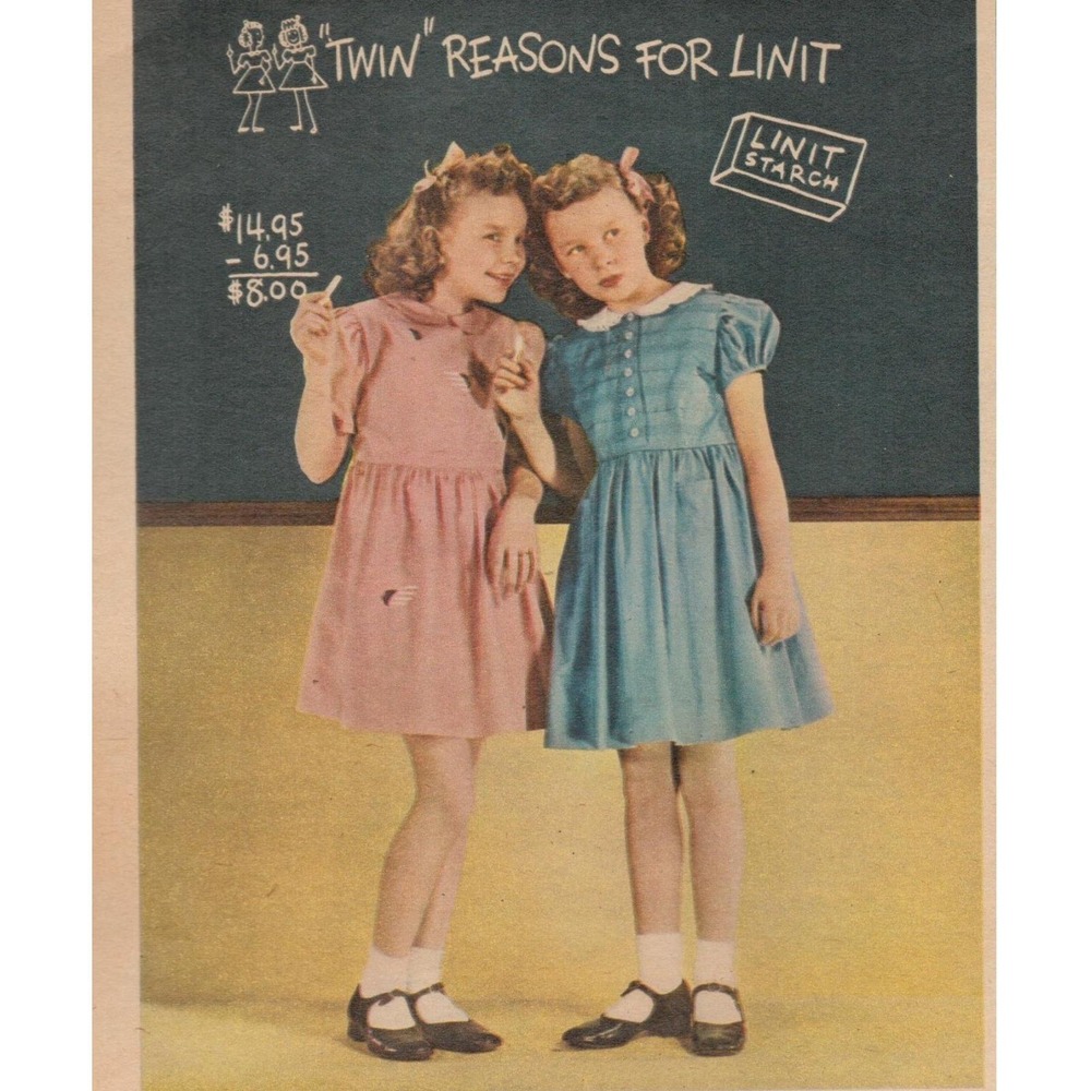 1947 Linit Laundry Starch Vintage‎ Print Ad Twin Girls Dresses Mid Century Decor